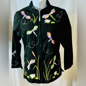 Black Dragonfly Embroidered Jacket Quacker Factory Size XS Stretch Zip NWOT‎